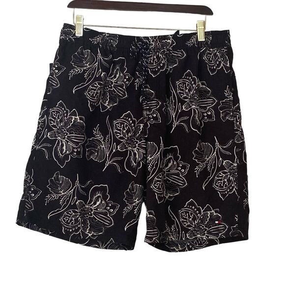 Tommy Hilfiger Mens Size Large Black Gray Flower Print Pull On Swim Shorts Trunk - Picture 1 of 6